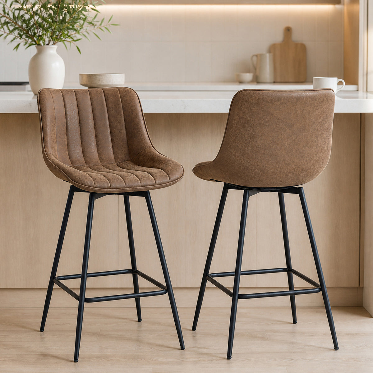 Lot de 2 tabourets de bar, chaises de bar en PU, assise rembourrée 68H cm, dossier et repose-pieds, marron