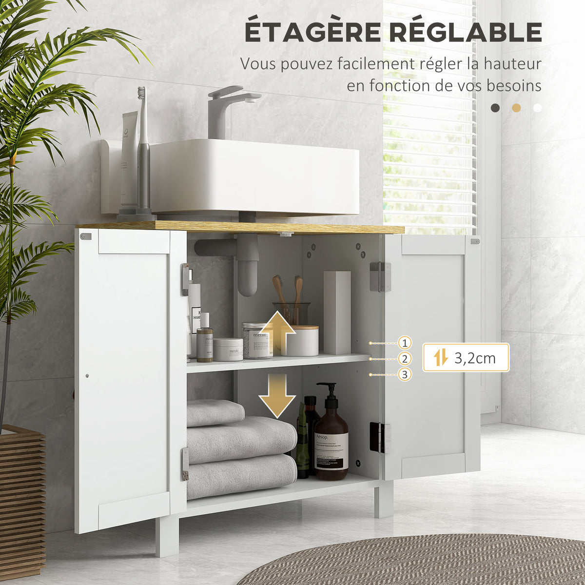 Mueble bajo lavabo 2 puertas, estante interior ajustable de 2 niveles, tiradores de PU, 60 x 30 x 60 cm, blanco