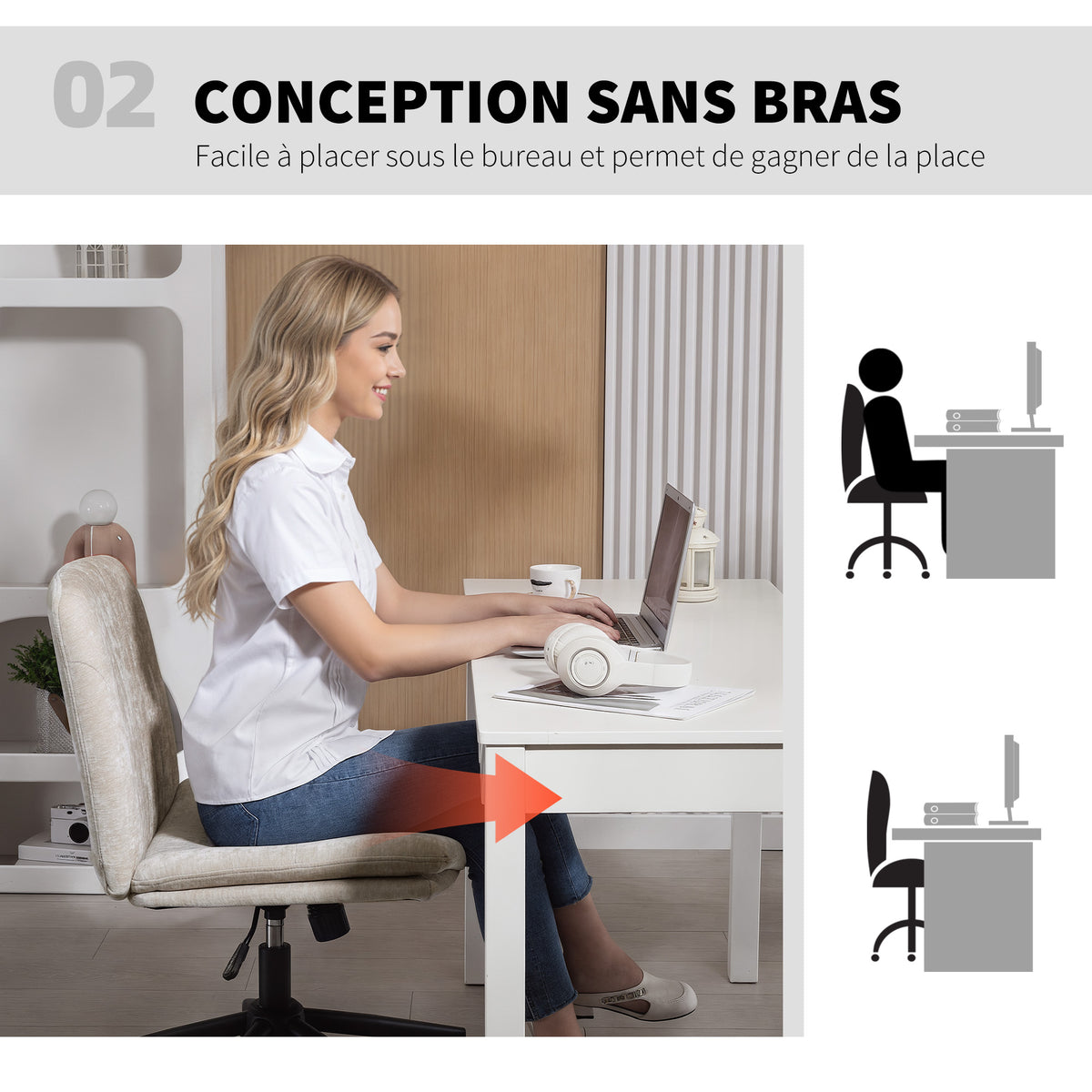 Chaise de bureau sans accoudoirs, fauteuil de bureau en chenille, hauteur réglable, 62 x 67 x 83-93 cm, beige