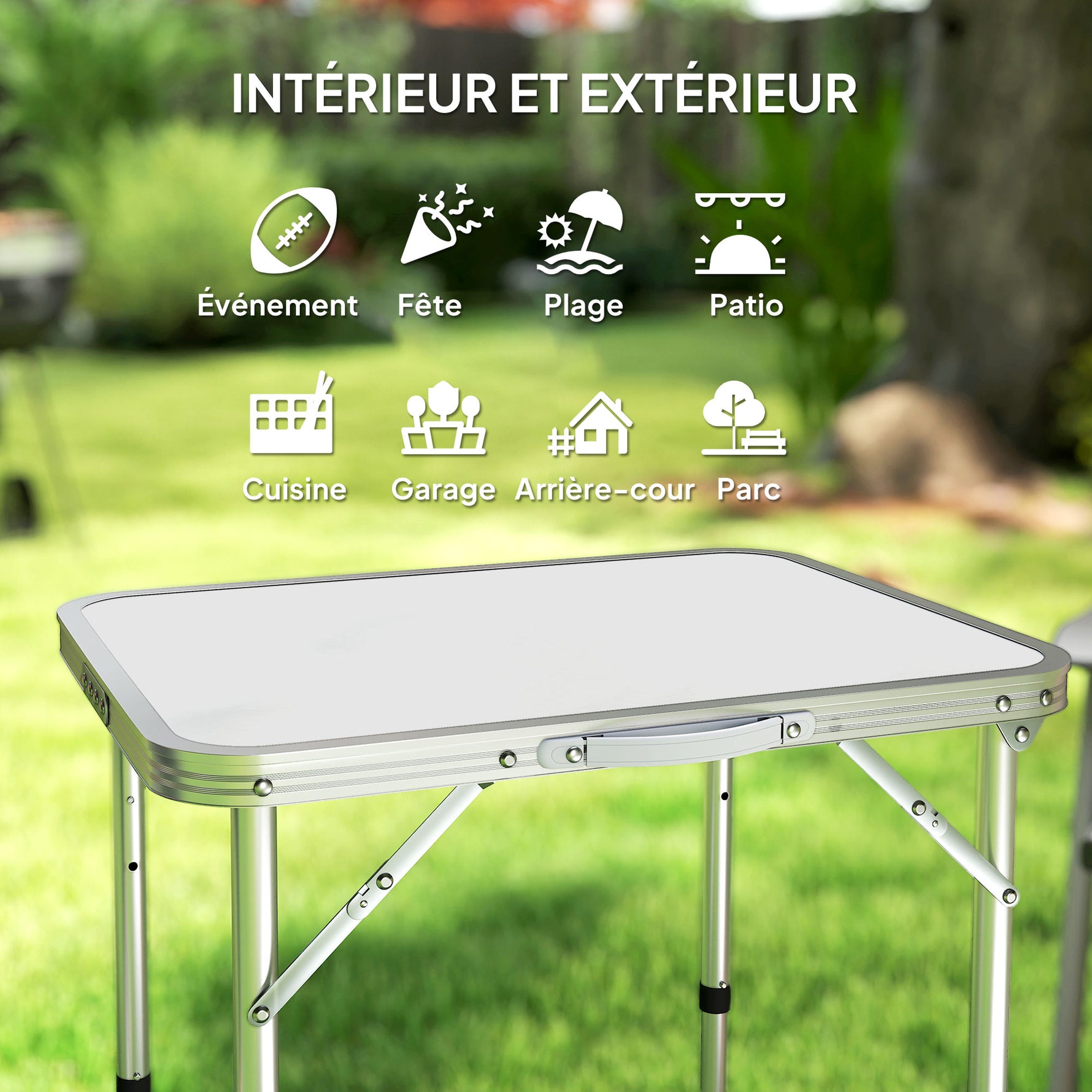 Table Pliante Table de Camping Table de Jardin Hauteur réglable Aluminium MDF Blanc