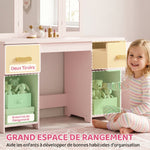 Coiffeuse pour Enfants avec Tabouret et Miroir à Trois Volets en Acrylique, 2 Tiroirs et 2 Placards, Rose