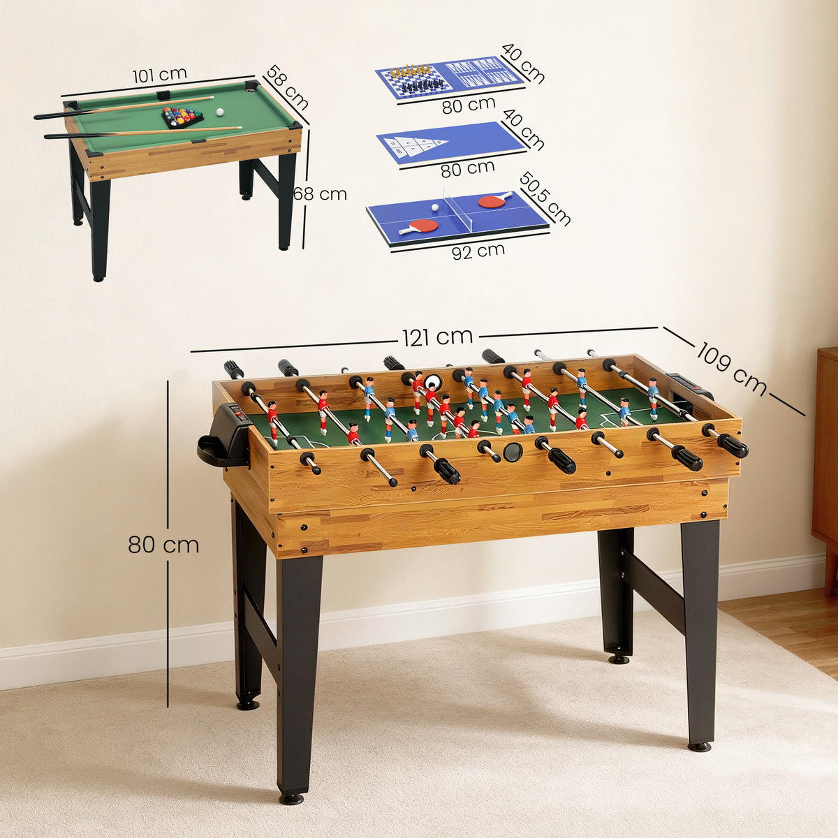 Table multijeux 13 en 1, table de jeu baby-foot, billard, ping-pong, 121x109x80cm, pour enfants et adultes, noyer clair