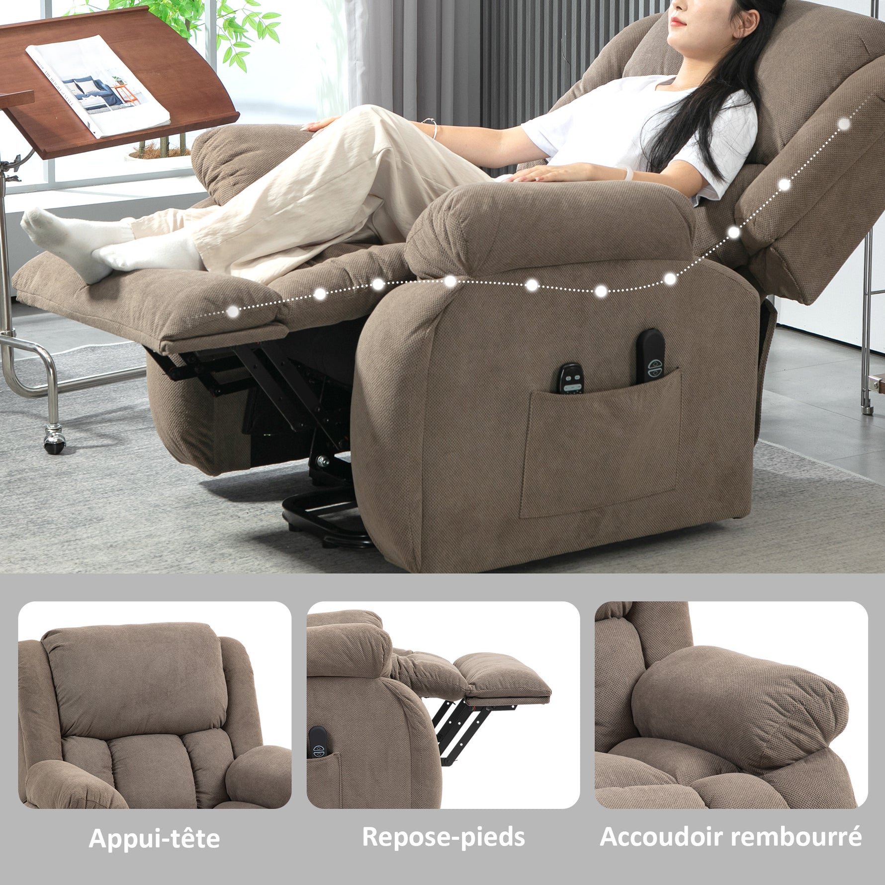 Fauteuil releveur électrique massage et chauffage avec repose-pied, dossier inclinable, télécommande et poche latérale