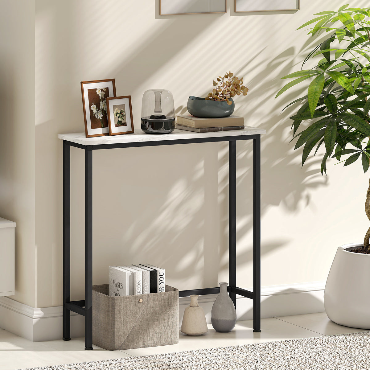 Console meuble 75 cm, table console plateaux en effet marbre, cadre en métal, style moderne blanc et noir