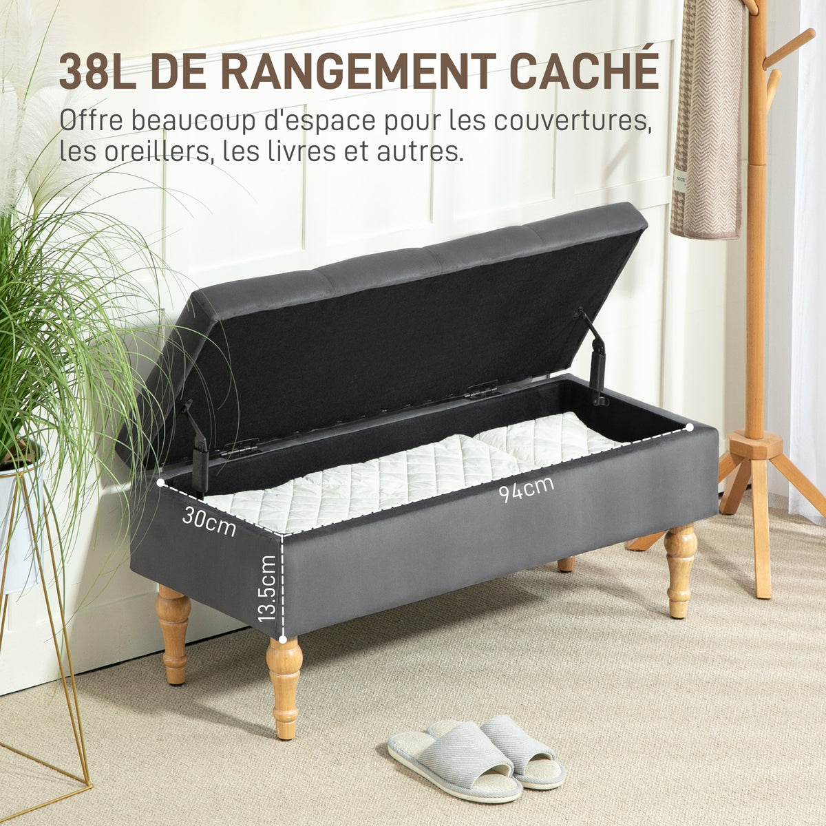 Banc coffre de rangement 2 en 1 banquette en velours avec couvercle à charnière capitonné et pieds en bois, gris foncé