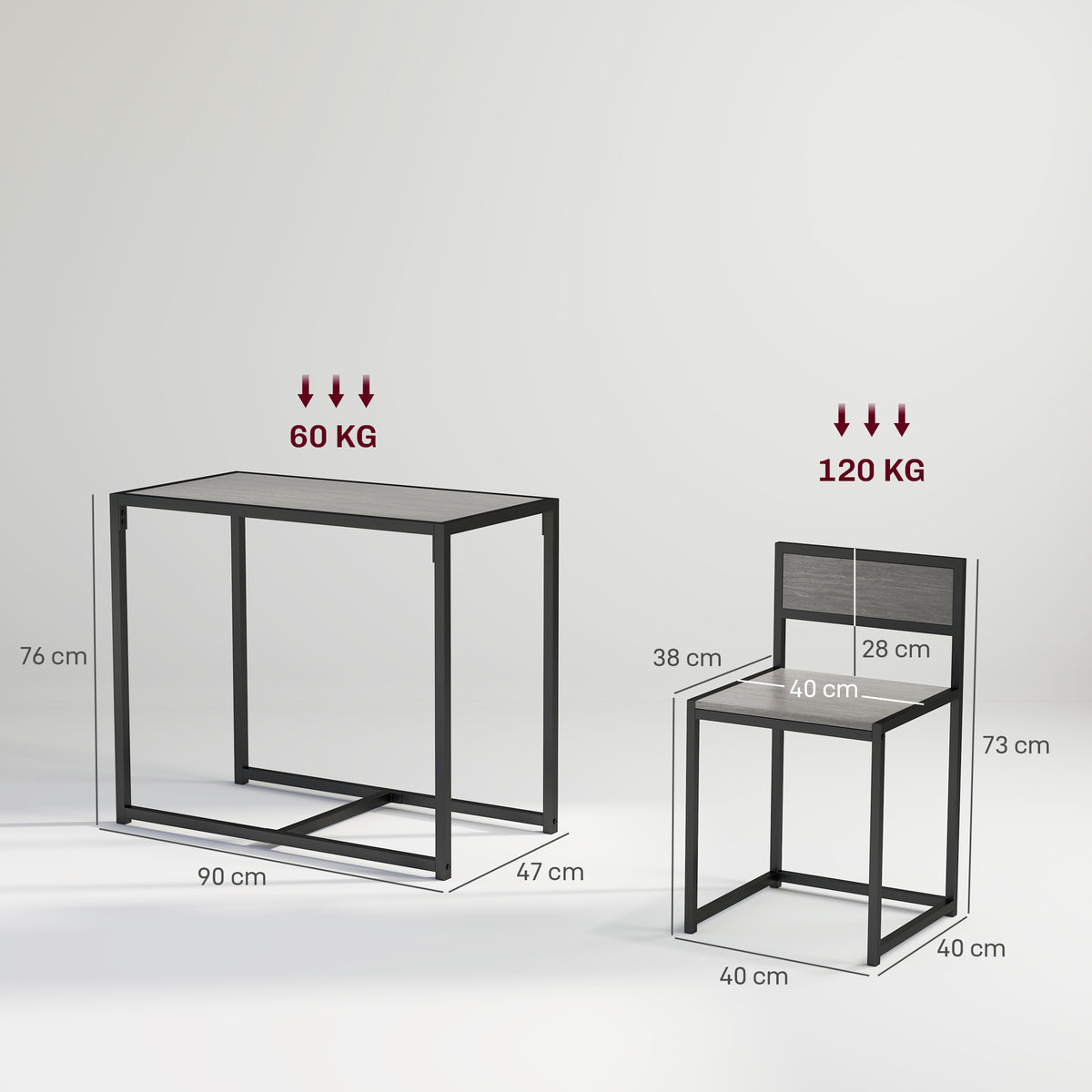 Conjunto de mesa y sillas, mesa de comedor de 3 piezas con 2 sillas apilables, para cocina, salón, hogar, gris