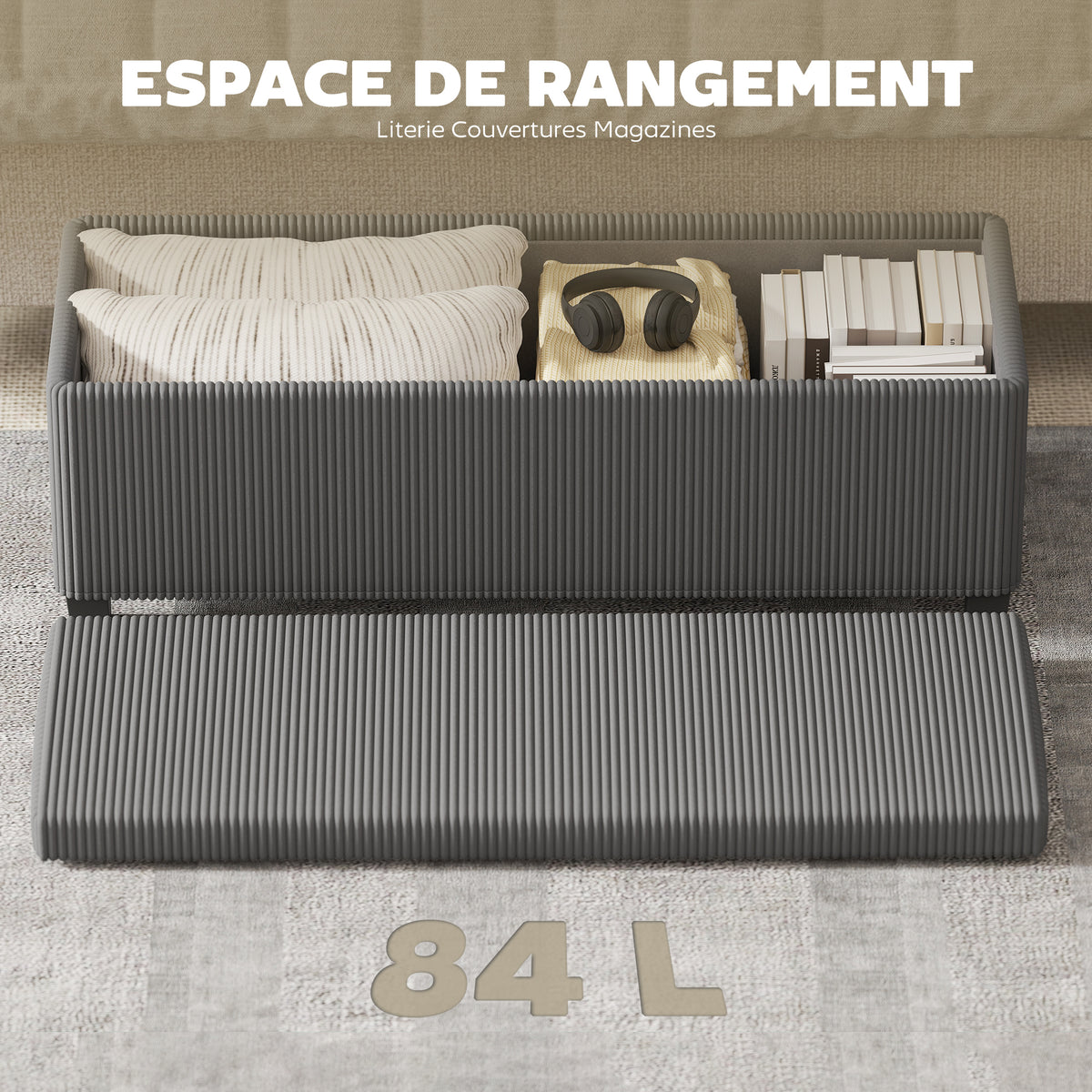 Banc de rangement bout de lit en velours côtelé avec couvercle, pour salon, chambre, entrée, 112 x 42 x 40 cm, gris