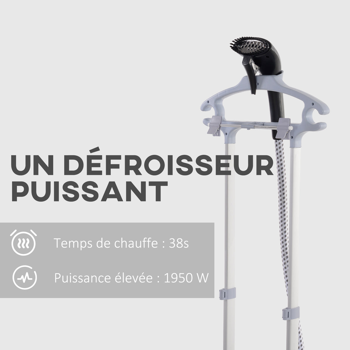 Défroisseur vapeur vertical 1950 W 32g/min, réservoir d'eau 2 L, tige télescopique, 11 températures réglables, noir