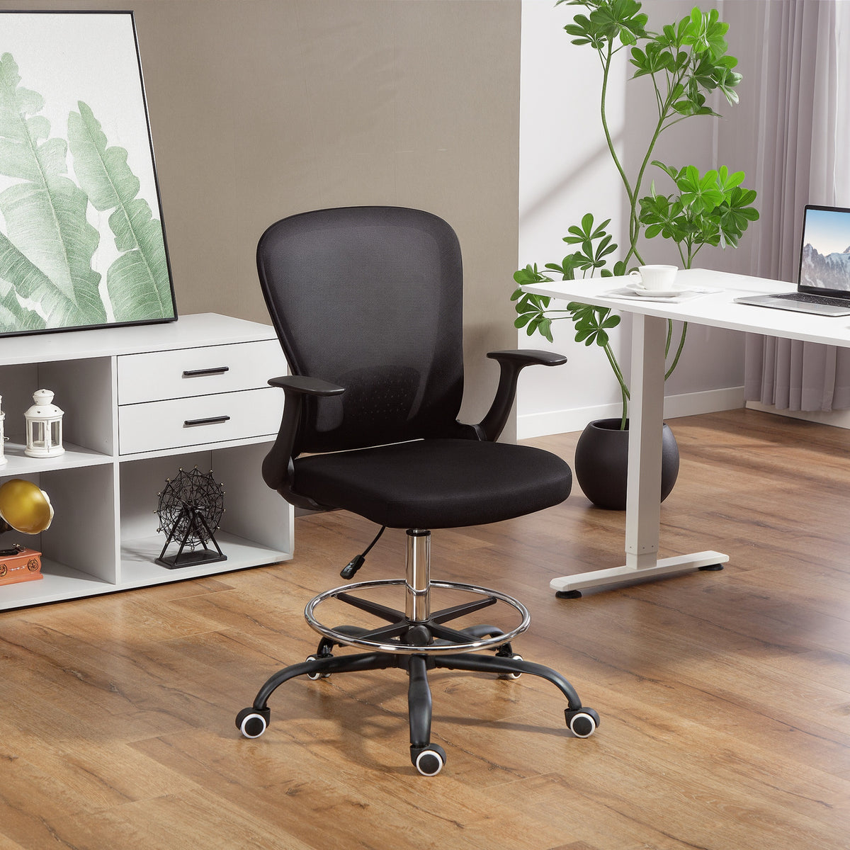 Sedia da ufficio ergonomica con poggiapiedi regolabile e braccioli sollevabili, altezza regolabile, 59x62x99-119cm, nero