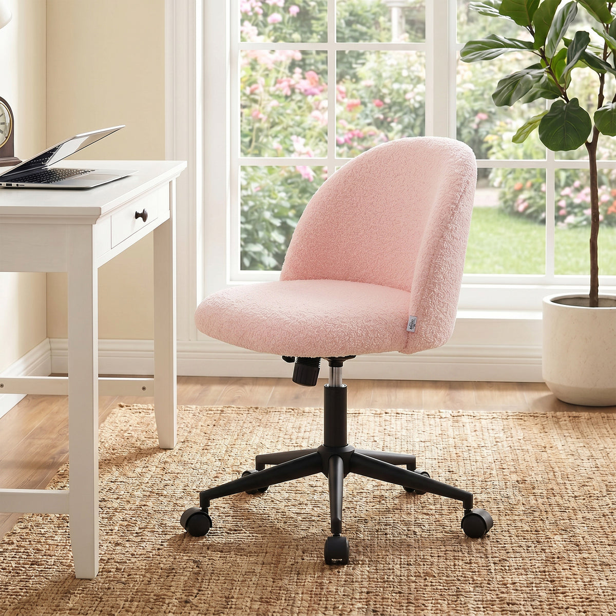 Chaise de Bureau Pivotante en Fourrure Teddy, Hauteur Réglable, Roulettes, Mousse Haute Résilience, Rose