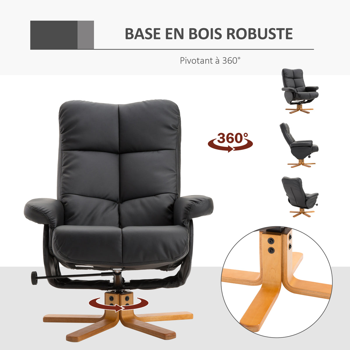 Fauteuil relax avec repose-pied, fauteuil de relaxation en PU, pivotant à 360°, dossier inclinable, assise et dossier rembourrés, rangement caché, pour salon, chambre, home cinéma, noir