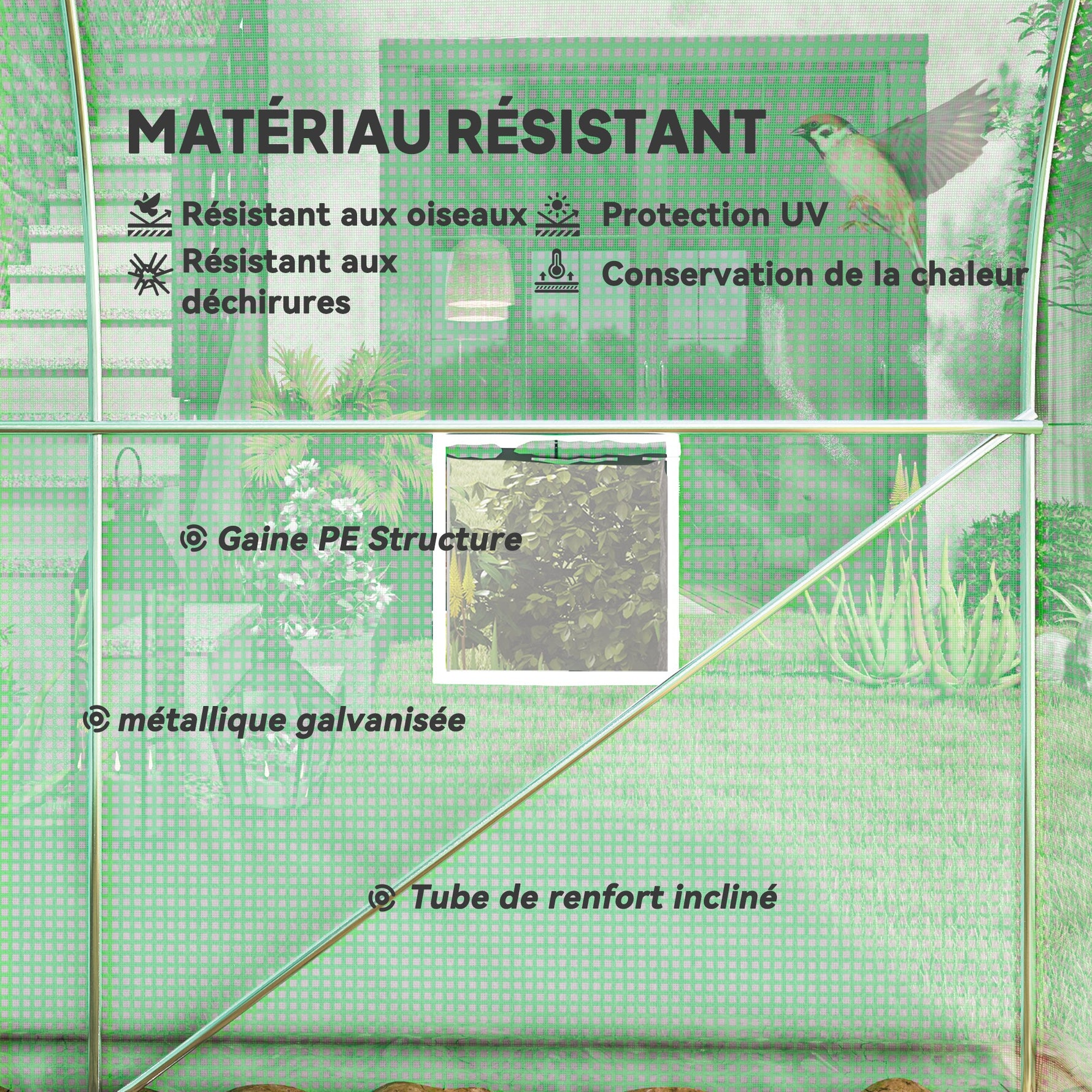 Serre tunnel de jardin 8m², serre de jardin tunnel avec 1 porte et 6 fenêtres, bâche PE 140g/m² 400x200x200cm vert