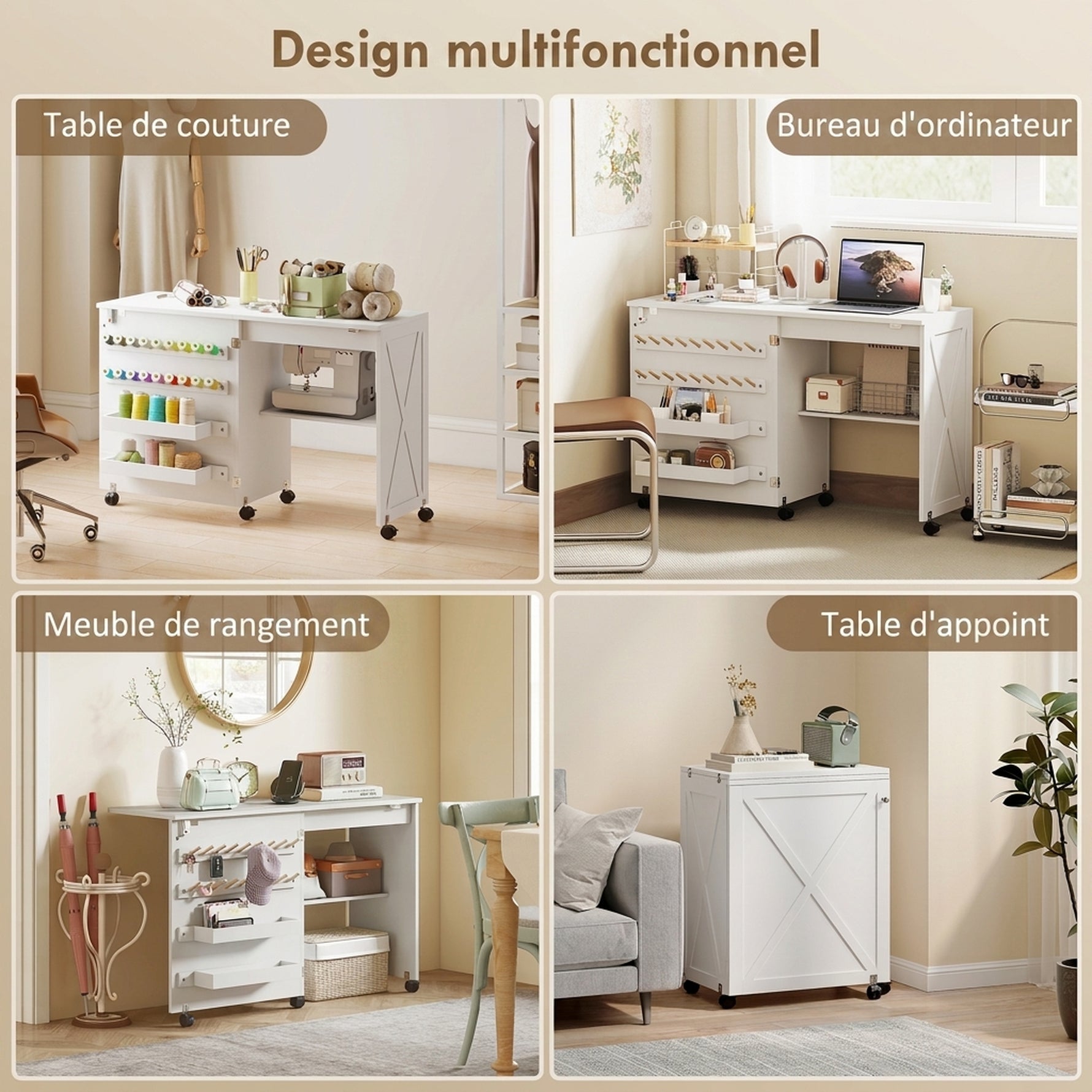 Table de Couture Pliante, Meuble Couture Roulant, Porte Magnétique de Grange, 2 Bacs, Étagère, 18 Chevilles, Blanc