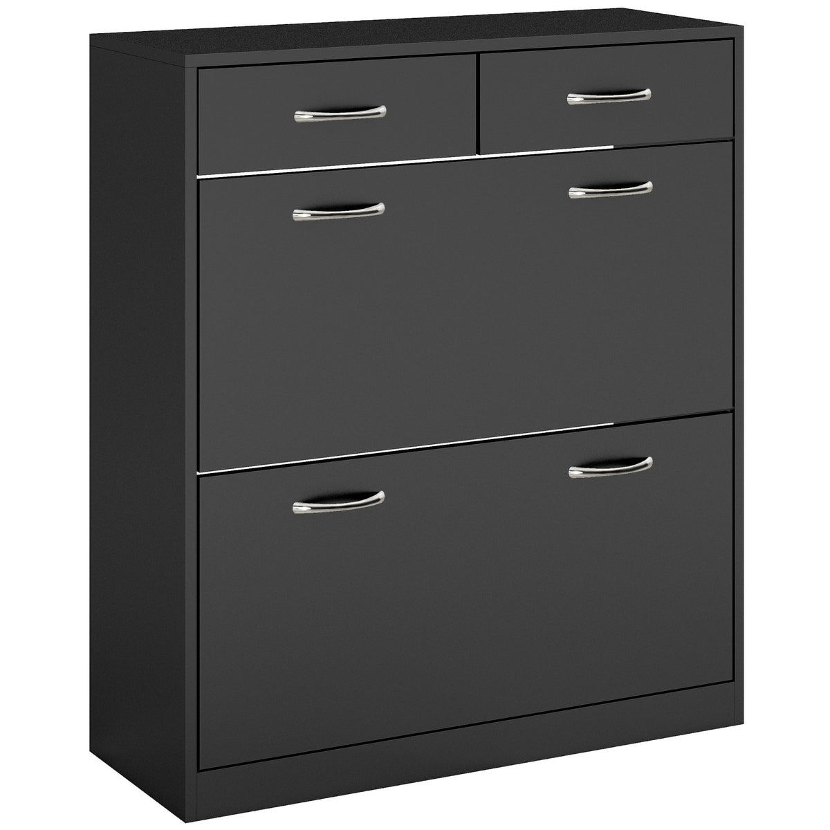 Shoe cabinet with 2 drawers and 2 drop-down doors with adjustable shelf, aluminum handles. 80 x 30 x 91.5 cm, Black