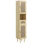 Meuble salle de bain colonne rangement salle de bain avec portes en rotin tiroir 2 placards 32 x 30 x 170 cm chêne
