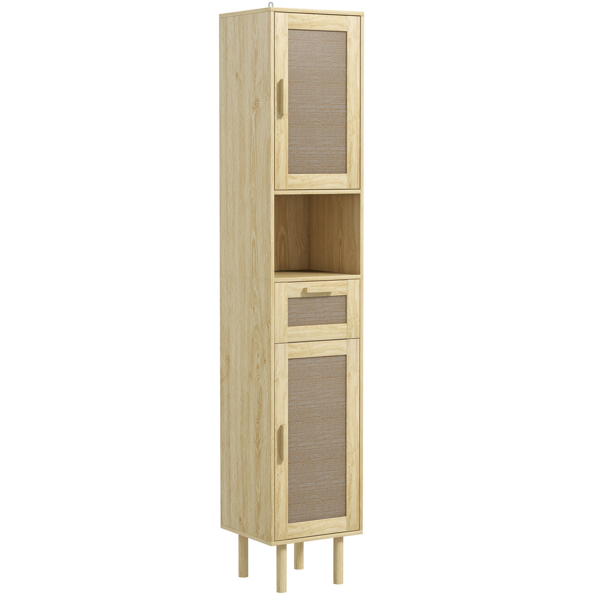Meuble salle de bain colonne rangement salle de bain avec portes en rotin tiroir 2 placards 32 x 30 x 170 cm chêne