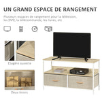 Meuble TV Bas sur Pieds Style Industriel 2 tiroirs en Tissu Gris Bois Naturel et métal Blanc