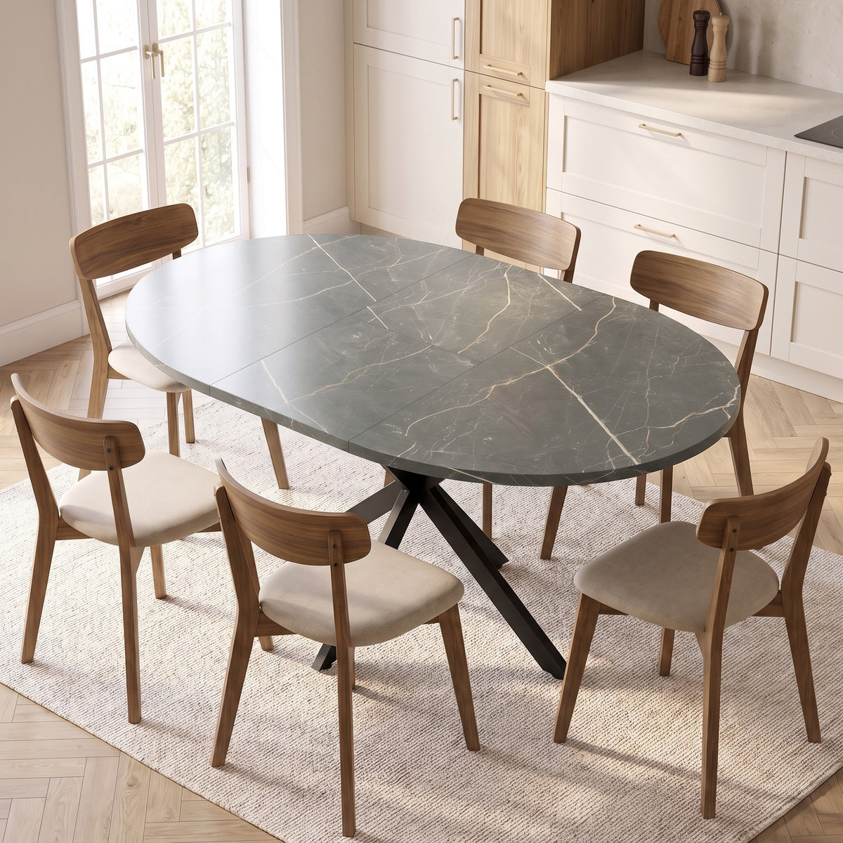 Tavolo da pranzo ovale allungabile per 4-6 persone, tavolo da cucina con allunga 100-135 cm, effetto marmo nero