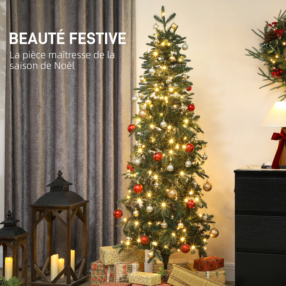 Sapin de Noël artificiel 180 cm, arbre de Noël slim avec 200 lumières 8 modes d'éclairage 605 branches articulées, vert