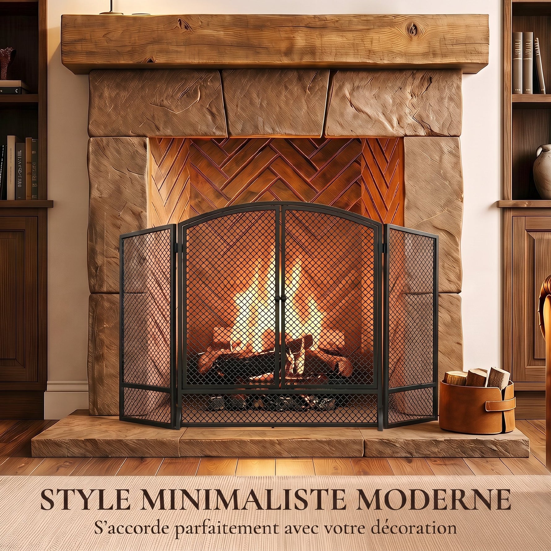Pare-feu de Cheminée Pliable 3 Panneaux, 2 Portes, Style Moderne, Pare-Étincelles Cheminée en Métal, 122x10x75cm, Noir