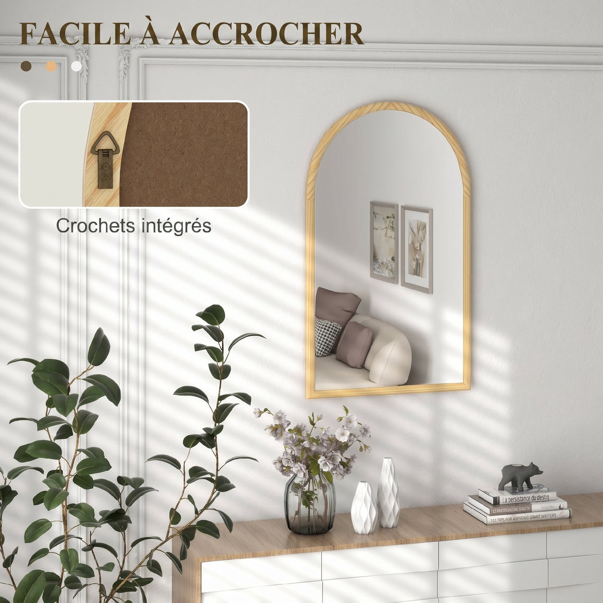 Miroir mural arche, 110 x 65 cm Cadre en bois, Miroir arqué pour le salon, la chambre, l'entrée, bois naturel