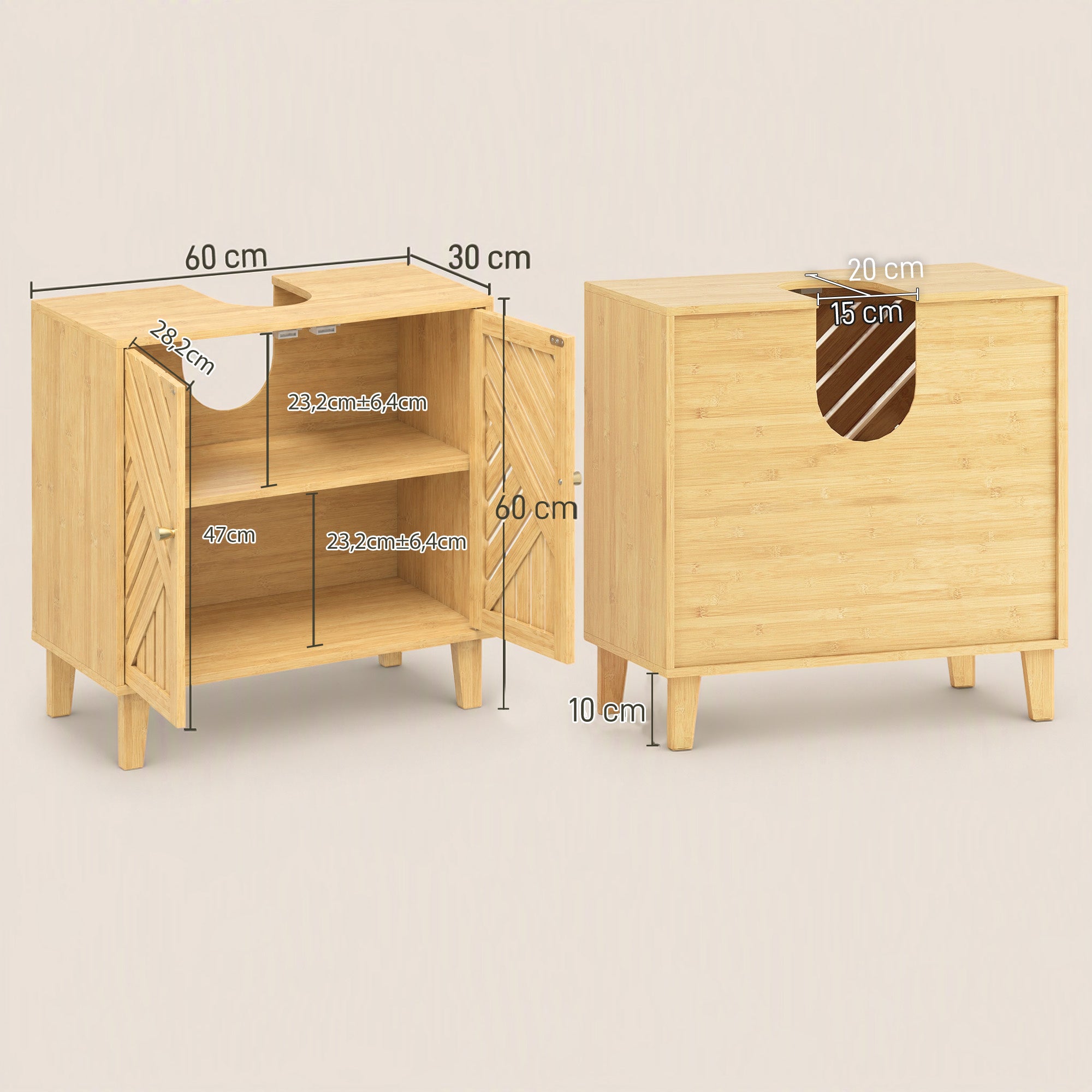 Meuble sous lavabo, meuble de salle de bain en bambou avec étagère réglable et portes à lattes 60 x 30 x 60 cm, naturel
