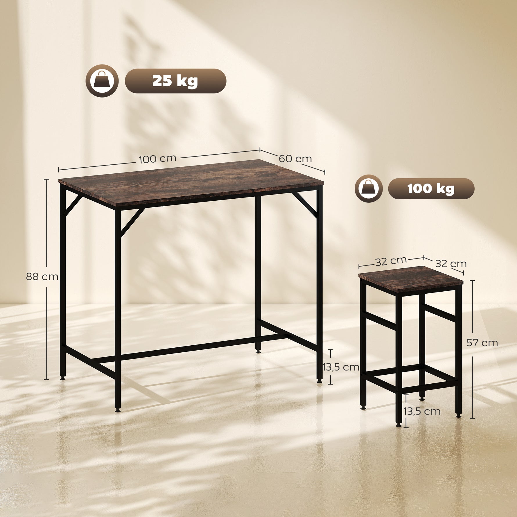Ensemble table de bar industriel + 4 tabourets repose-pieds en bois couleur chêne cadre en métal noir