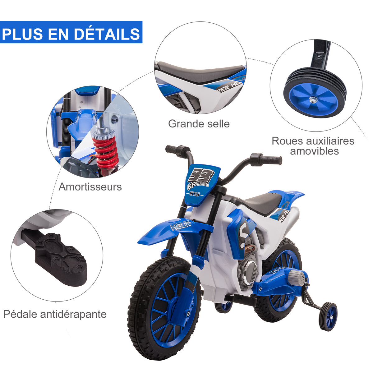 Moto Cross électrique Enfant 3 à 5 Ans 12 V 3-8 Km/h avec roulettes latérales Amovibles dim. 106,5L x 51,5l x 68H cm Bleu