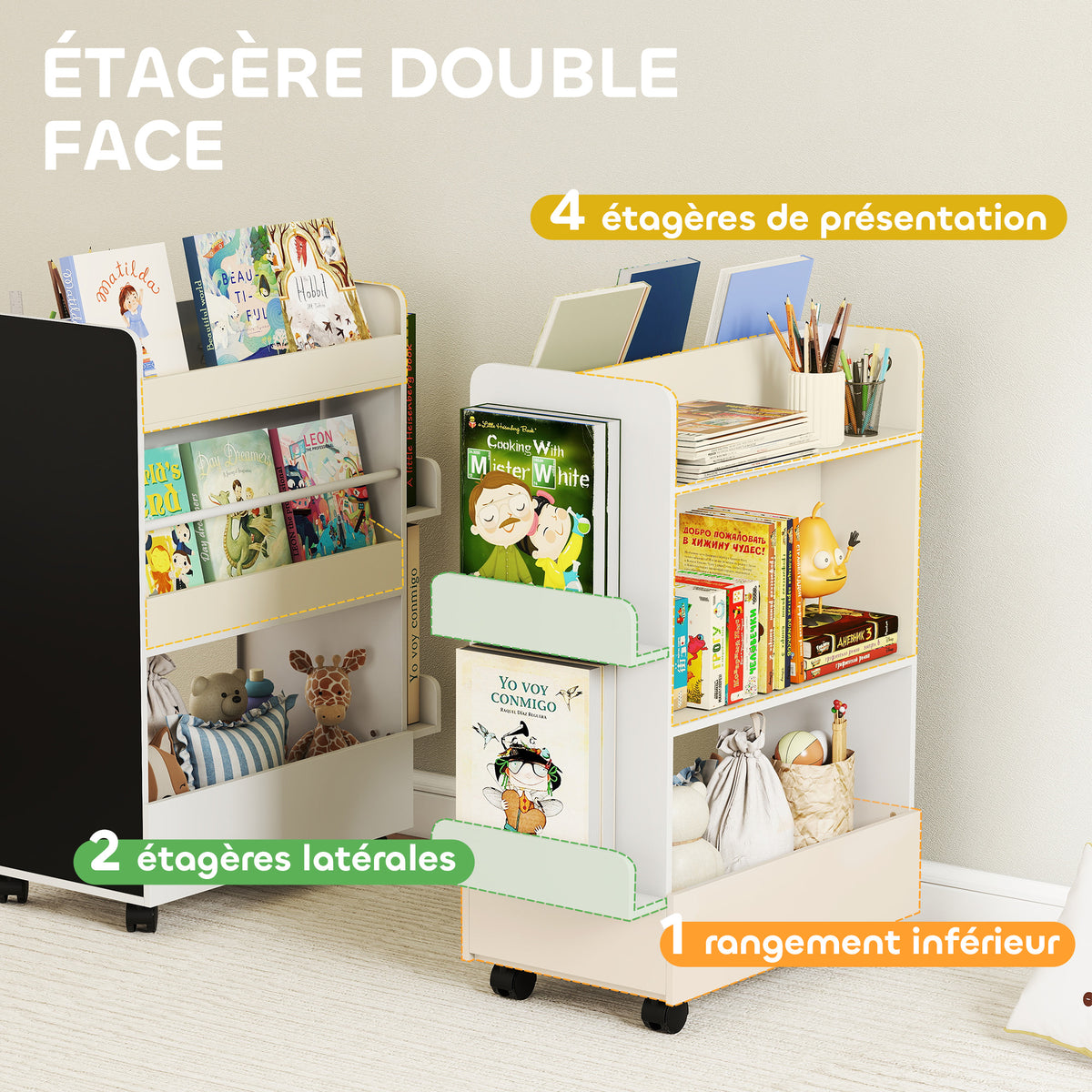 Bibliothèque pour enfant avec roulettes, rangement livre enfant de 3 à 8 ans avec tableau noir, 66,5x32,5x86,5cm, blanc
