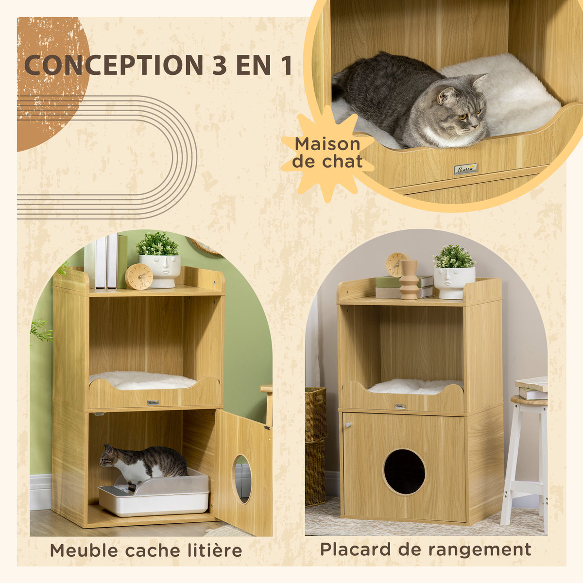 Mobile toilette per gatti, mobile lettiera per gatti a 3 livelli, scomparto chiuso da un'anta, 1 cuscino, 60 x 45 x 103 cm