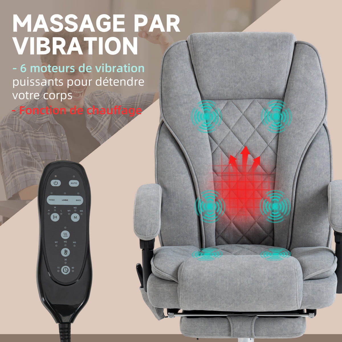 Fauteuil de bureau massant et chauffant hauteur réglable dossier inclinable télécommande repose-pieds rétractable gris