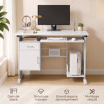 Bureau d'ordinateur, 100 x 52 x 75 cm, tablette coulissante pour clavier, tiroirs et support d'unité centrale, blanc