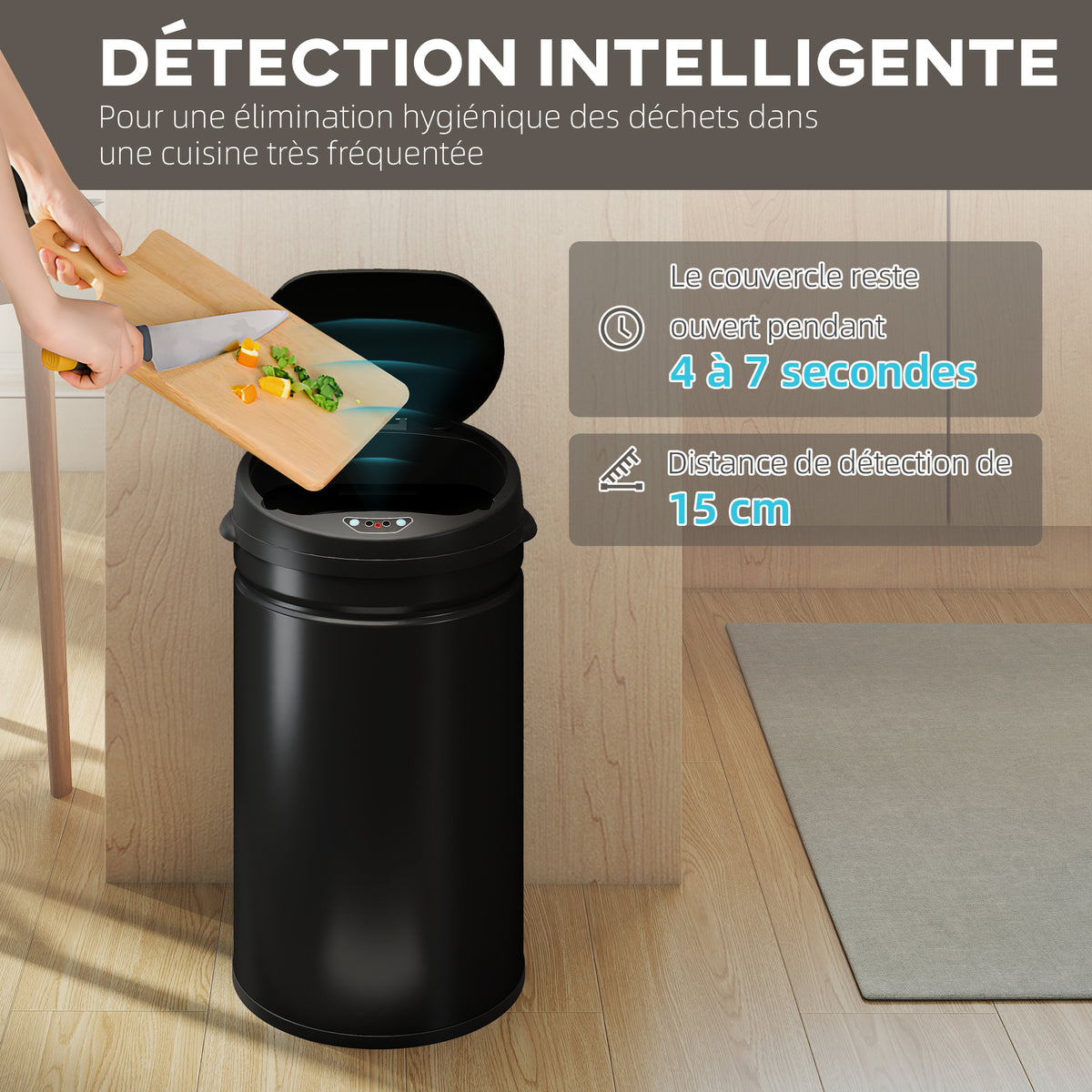 Poubelle cuisine automatique 30L acier inoxydable, poubelle à couvercle à fermeture en douceur, 32x30,5x51cm, noir
