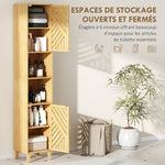 Armoire salle de bain, meuble de rangement colonne, portes en bambou, étagères réglables, 32x30x170cm, bois naturel