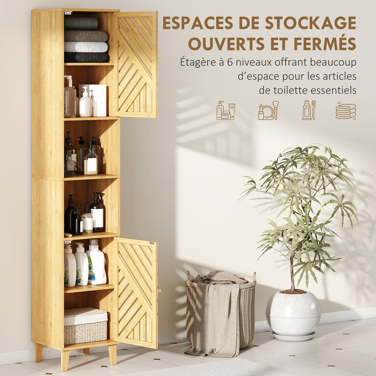 Armoire salle de bain, meuble de rangement colonne, portes en bambou, étagères réglables, 32x30x170cm, bois naturel