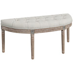 Banc bout de lit en forme demi-lune style Louis XVI structure en bois massif sculpté siège en tissu aspect lin crème