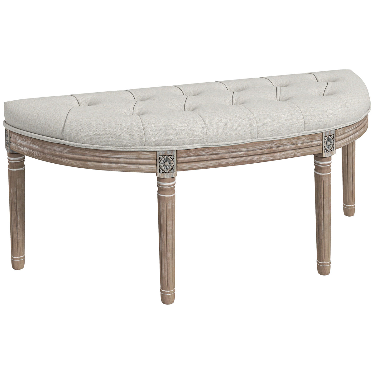 Banc bout de lit en forme demi-lune style Louis XVI structure en bois massif sculpté siège en tissu aspect lin crème