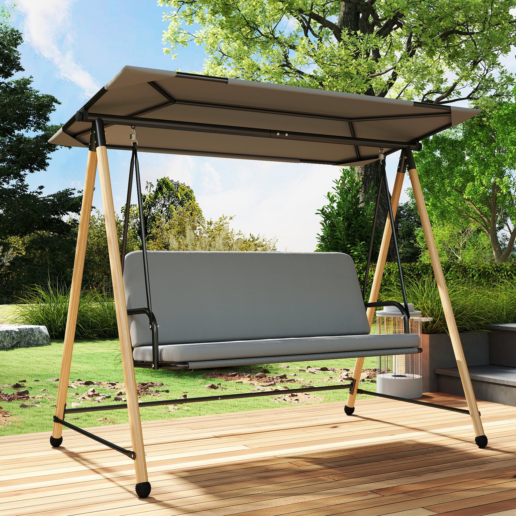 Balancelle de Jardin 3 Places, Balançoire Extérieure avec Toit réglable et Coussin Épais Amovible, 208x125x180cm, Gris