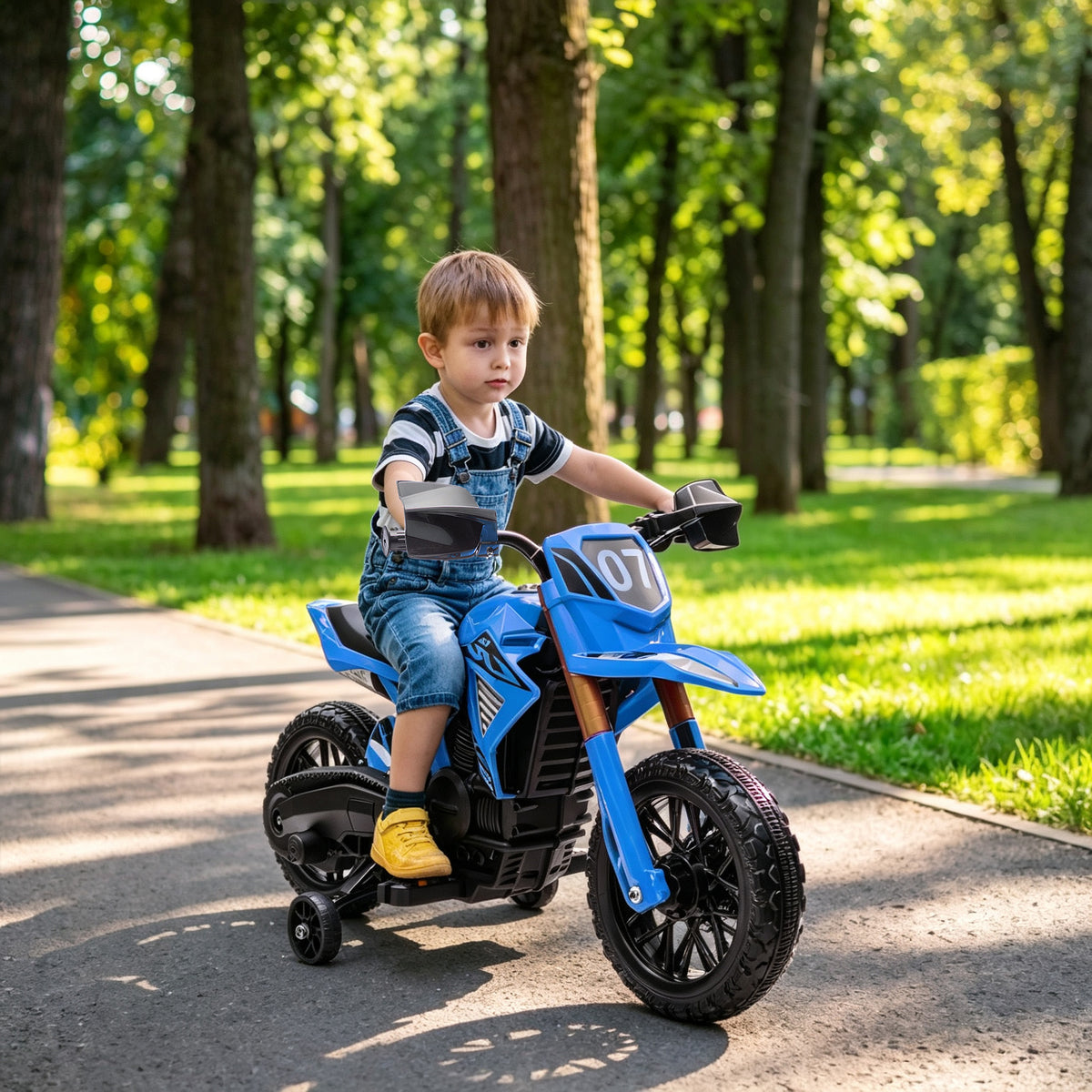 Moto da cross elettrica per bambini 3-8 anni, batteria 6V, 2 motori, clacson e rotelle, carico 30KG, blu