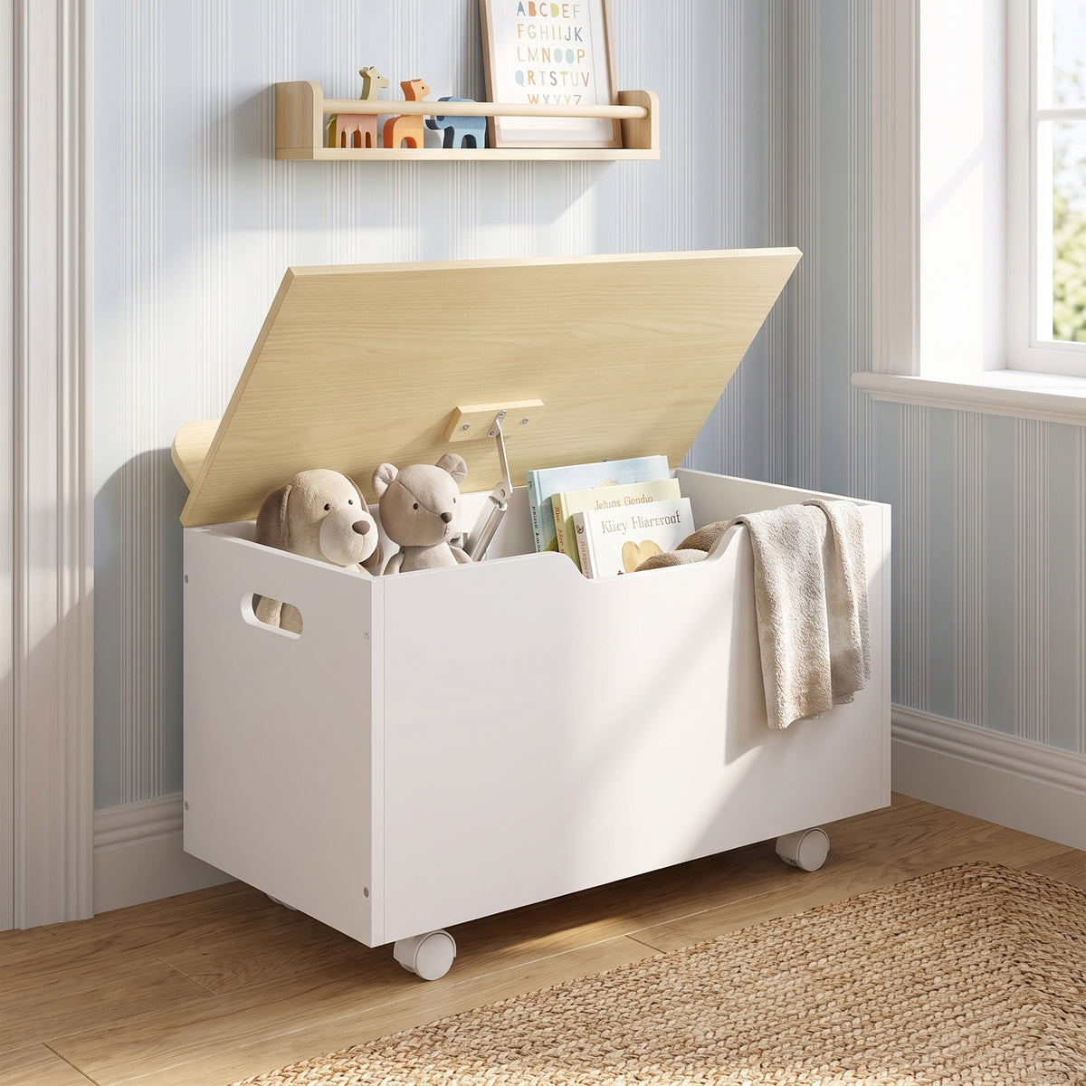 Coffre à jouet enfant sur roulettes, coffre de rangement enfant avec couvercle rabattable, 59 x 30 x 53 cm, blanc