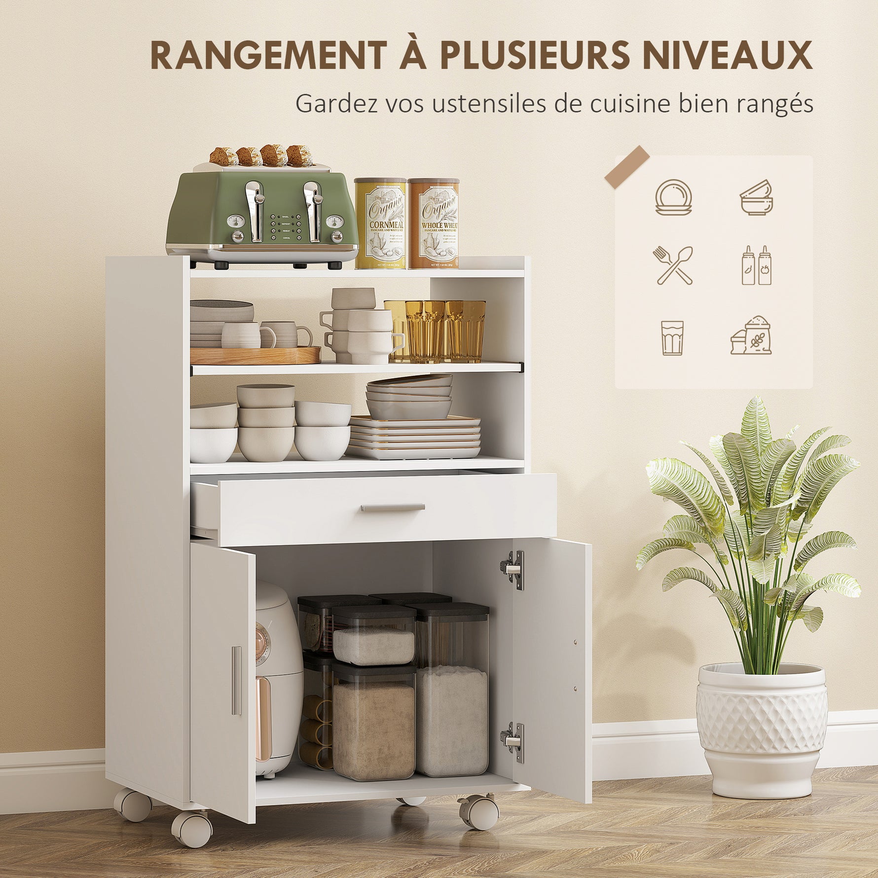 Chariot de cuisine sur roulettes, desserte micro-onde à roulettes avec placard tiroir étagères, 59 x 40 x 92 cm, blanc