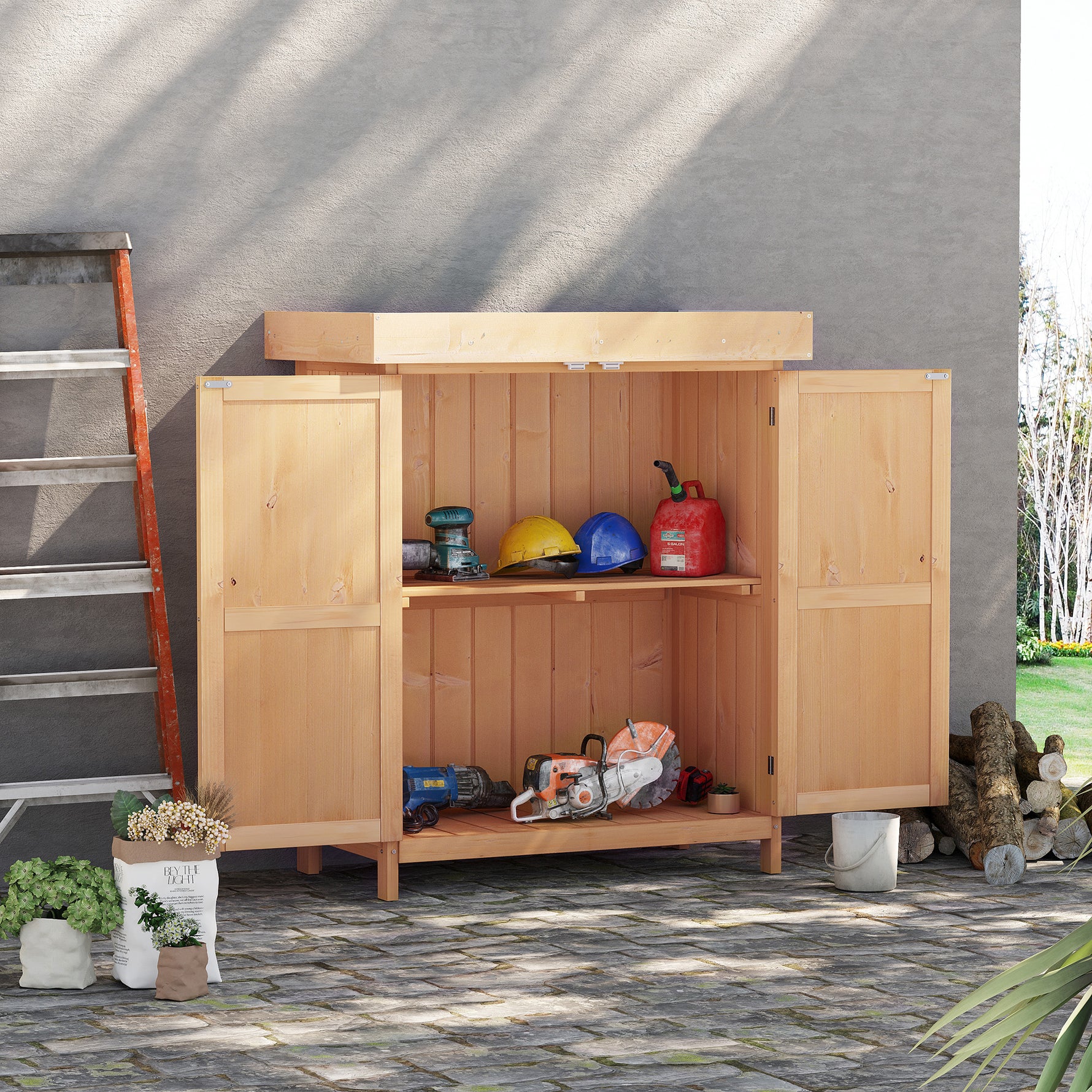 Armoire de Jardin sur Pied Double Porte étagère et Toit bitumé relevable dim. 74L x 43l x 88H cm Bois Massif de Sapin