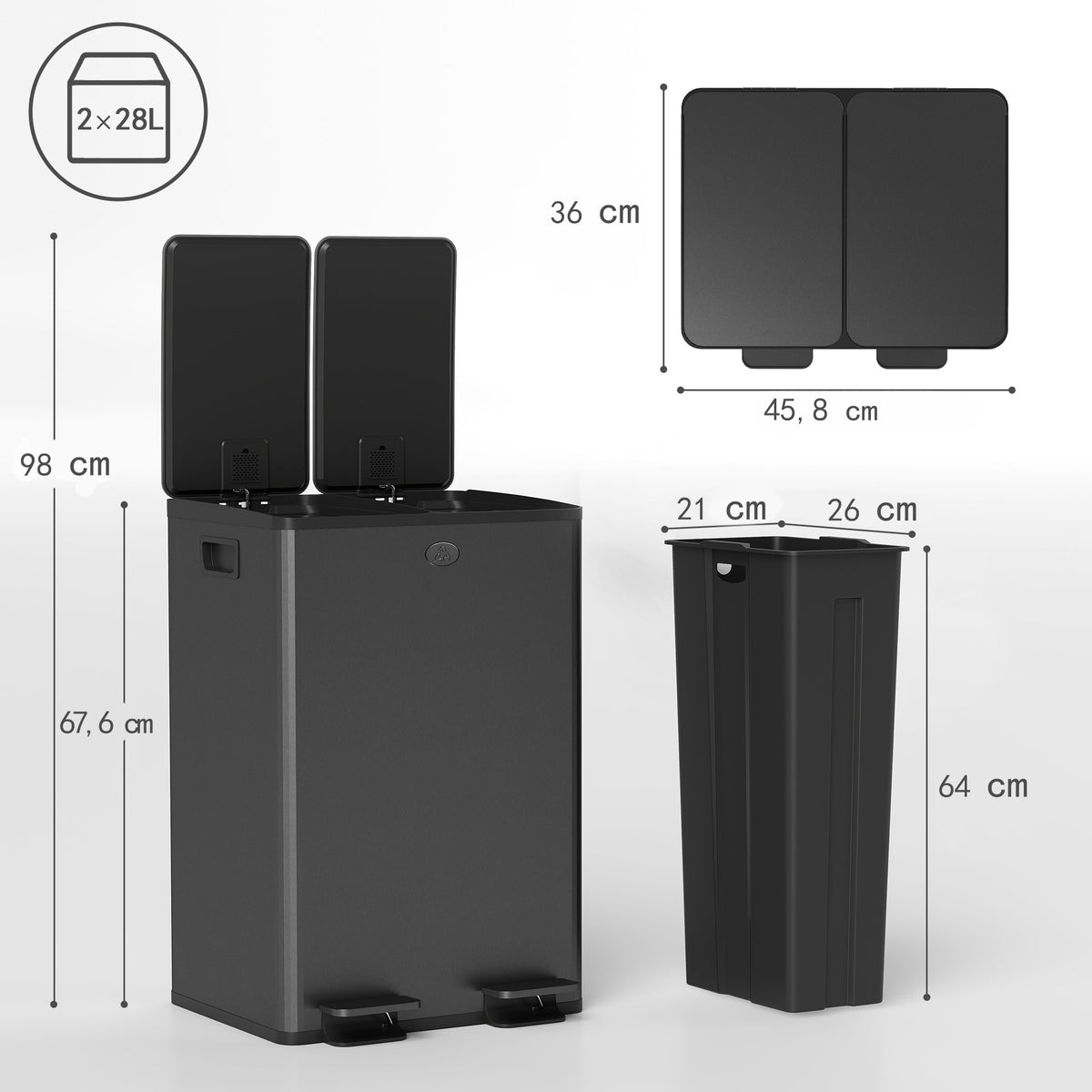 Poubelle de cuisine 2 compartiments de 2 x 28L, acier inoxydable, couvercle à fermeture douce, 45,8x36x67,6cm, noir