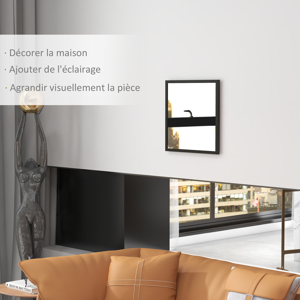 Miroir mural carré 50 x 50 cm, cadre en bois noir, idéal pour la salle de bain, salon ou chambre