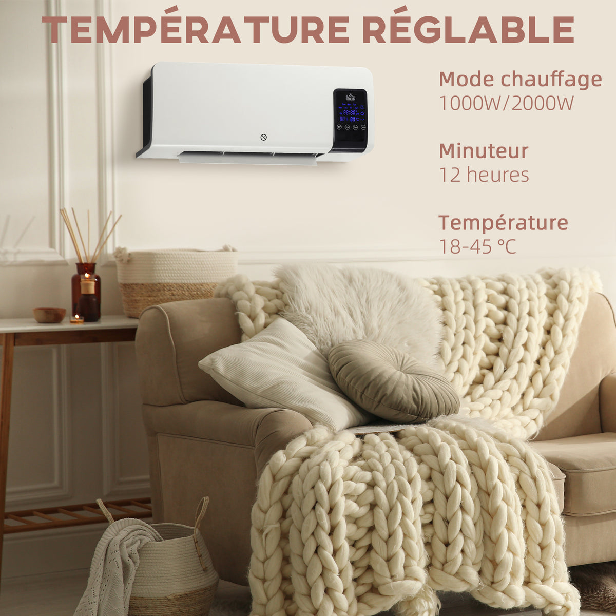 Radiateur soufflant mural chauffage céramique PTC - 1000 W / 2000 W oscillation minuterie avec télécommande blanc