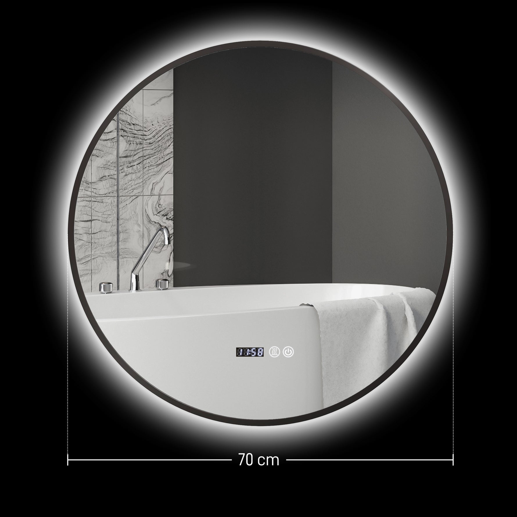 Miroir de salle de bain rond avec éclairage LED, intensité variable, fonction anti-buée, interrupteur tactile, noir
