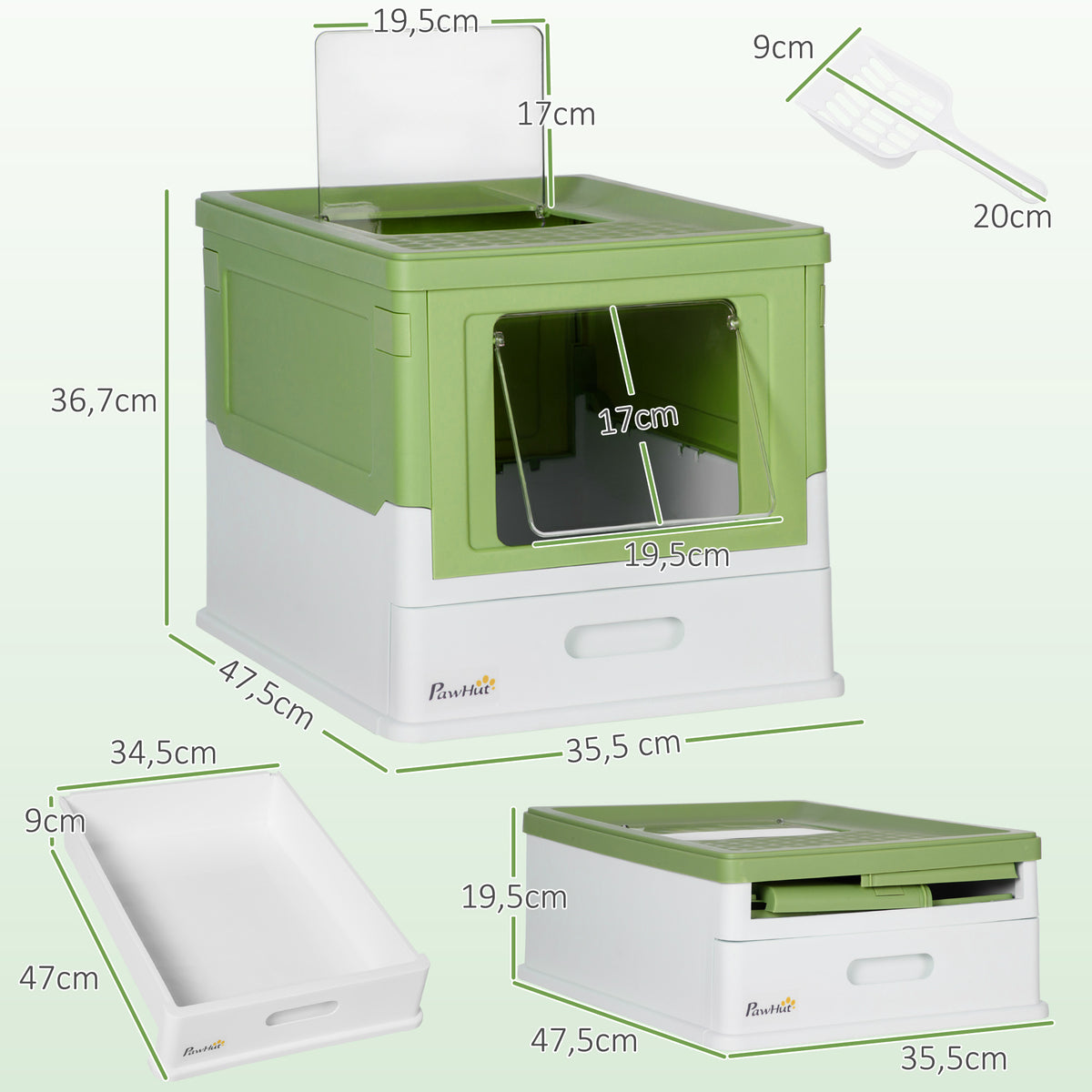 Lettiera per gatti pieghevole con doppia porta a battente e apertura superiore, paletta inclusa, 47,5 x 35,5 x 36,7 cm, verde avocado