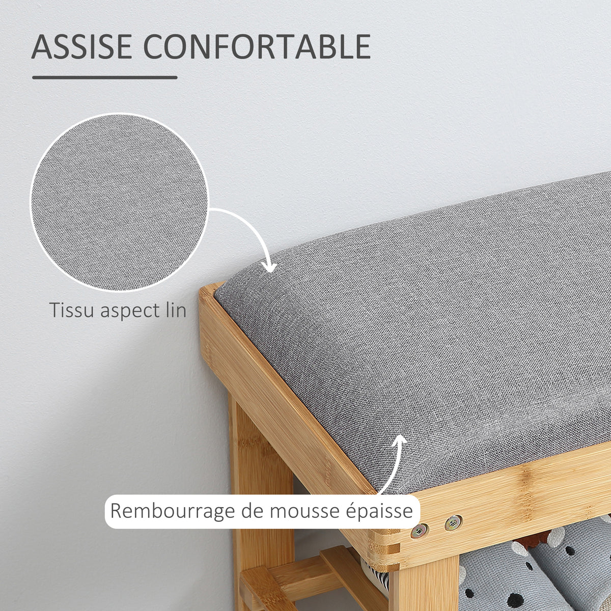 Meuble à Chaussures Banc à Chaussures 2 étagères Coussin Gris intégré Bambou