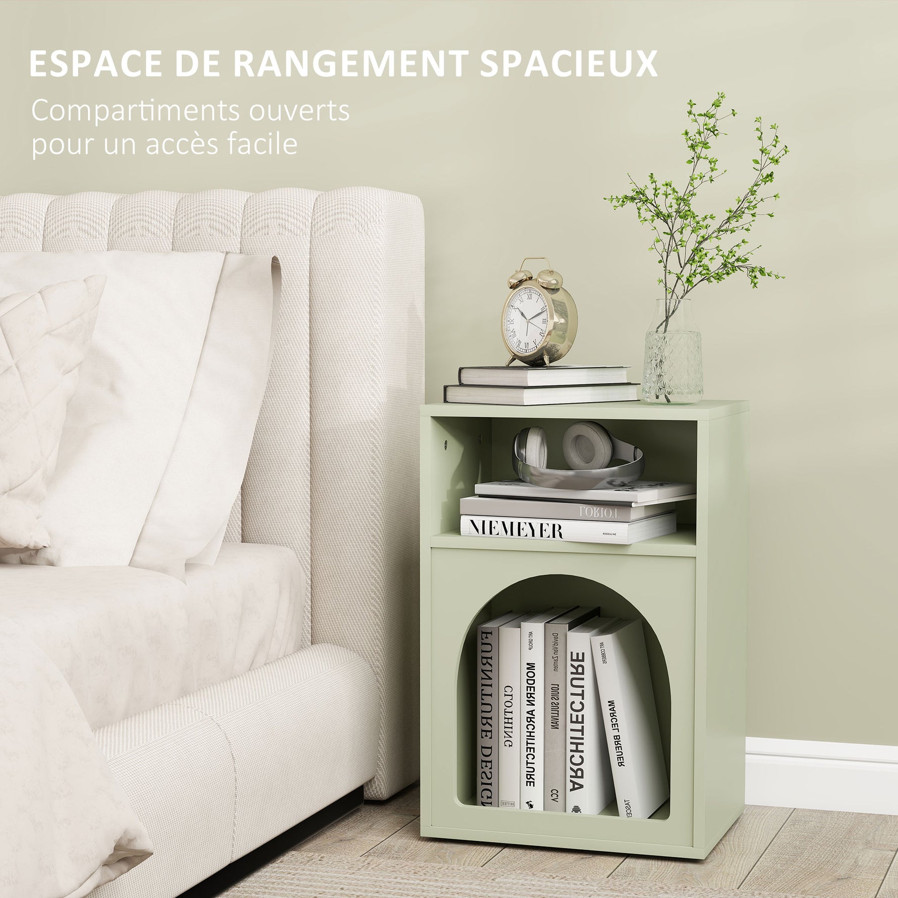 Lot de 2 tables de chevet, table de nuit avec compartiments ouverts, design arqué, 40 x 30 x 60 cm, vert clair