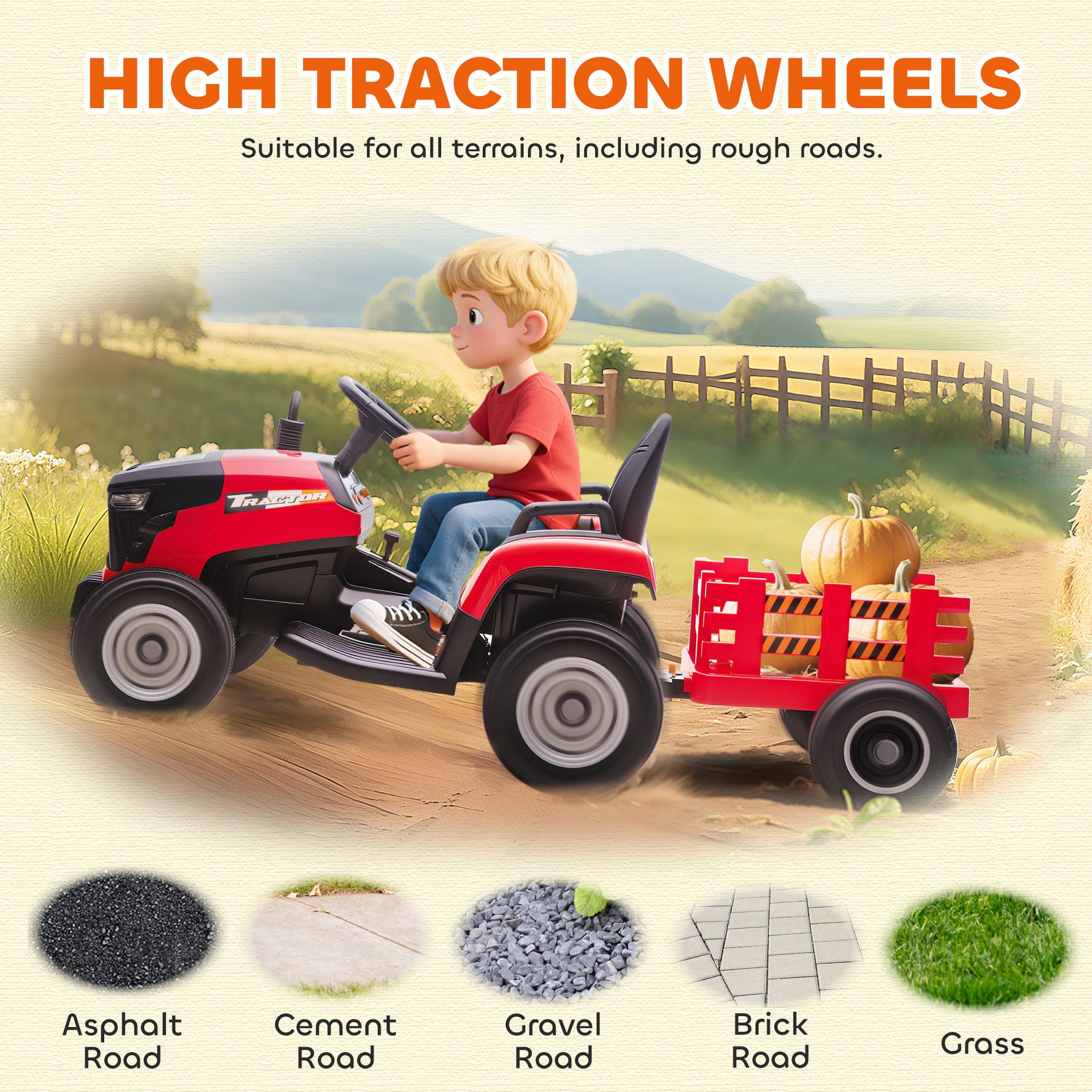 Tracteur électrique enfants avec remorque amovible, voiture électrique enfants, télécommande 2,4G, 139x58x55cm, rouge